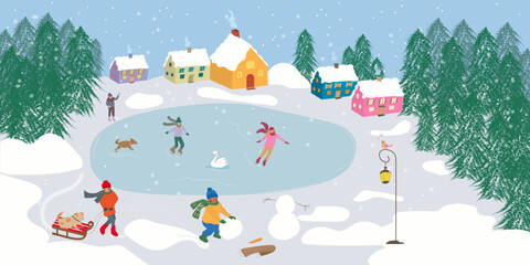 Winter village scene featuring families ice skating, building a snowman, and playing with dogs in the snow. Colorful houses, pine trees, and snowfall create a festive holiday mood. Vector art © Lilith_Saly