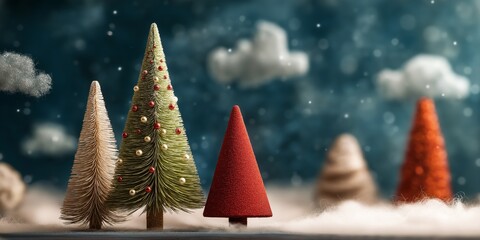 Stylized holiday trees with soft snow and dreamy festive background.