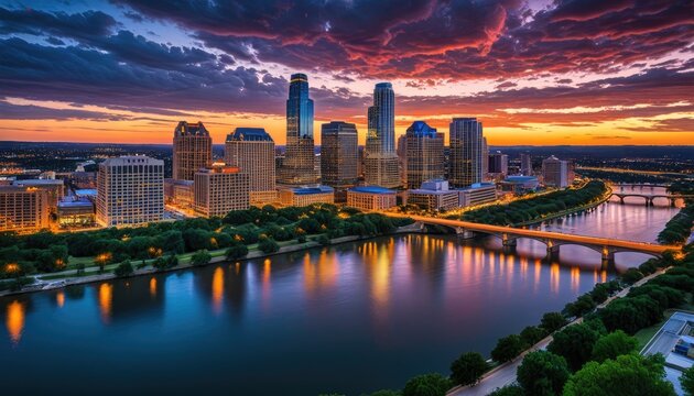 Austin Skyline at Sunset: Vibrant City Lights Reflecting on the Colorado River