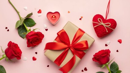 Valentines day gift box with red roses and heart candle - Powered by Adobe