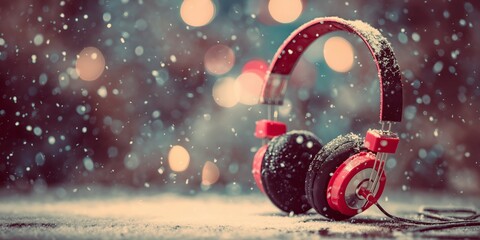 Red headphones in falling snow with festive bokeh lights.