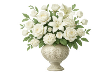 Naklejka premium White floral bouquet with roses and lilies in an ornate vase, celebrating elegance, romance, and special occasions