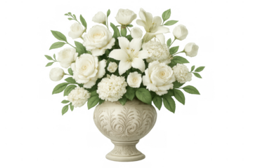 White floral bouquet with roses and lilies in an ornate vase, celebrating elegance, romance, and special occasions