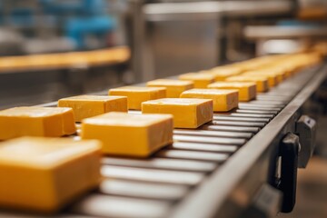 Fototapeta premium Cubes of fresh, yellow cheese traveling along a conveyor belt inside a modern dairy factory with industrial machinery in background, ready for packaging.