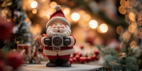 Obraz premium Santa Claus figurine holding a camera with festive lights in the background.
