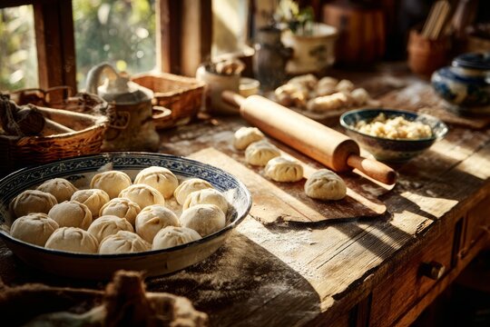 Preparation of traditional dumplings on a wooden table with a rolling pin, and a bowl of stuffing under warm sunlight in a rustic kitchen.