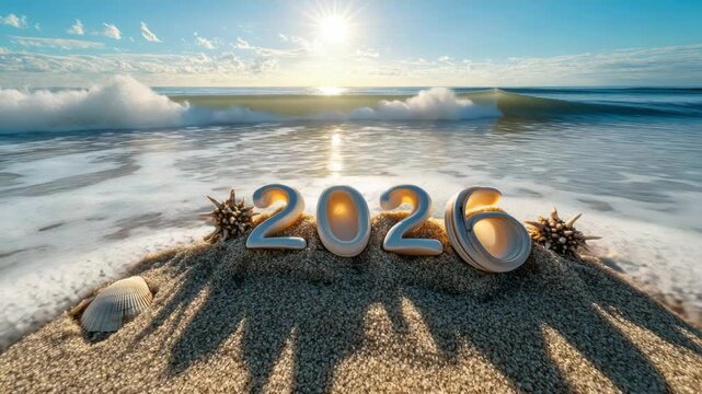 Seashells forming the number 2026 are laying on a sandy beach with incoming waves and sunlight, celebrating the new year in a tropical paradise