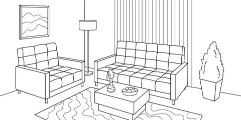 Living room graphic black white interior sketch illustration vector 
