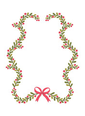 Christmas vertical frame vector. Cute holiday garland border with red berries and bow. Minimalist hand-drawn style, isolated on white.