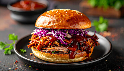 pulled pork sandwich with coleslaw on a brioche bun