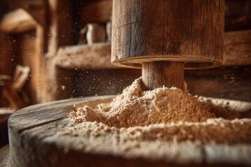 A close-up of an old wooden mill with flour dust floating in the air, showcasing the traditional craftsmanship and the grinding process in a rustic setting.