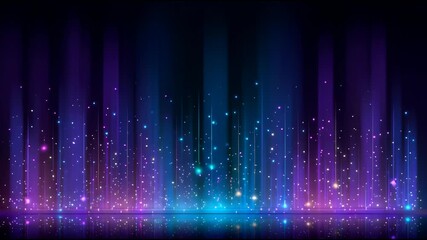 Abstract neon light columns glow in blue, purple and pink with sparkling dots across a stage. At eve - Powered by Adobe