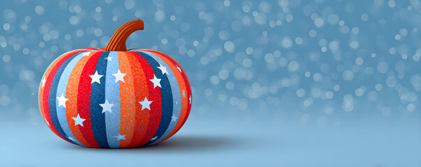 A creatively painted pumpkin with patriotic colors and white stars, set against a blurred background. The image has a festive and celebratory vibe