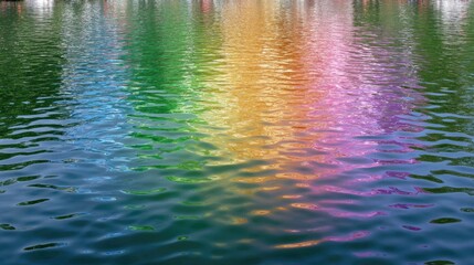 Reflections of Colorful Rainbow on Calm Water Surface in a Serene Natural Landscape Under Clear Sky with Luscious Greenery Surrounding the Lake