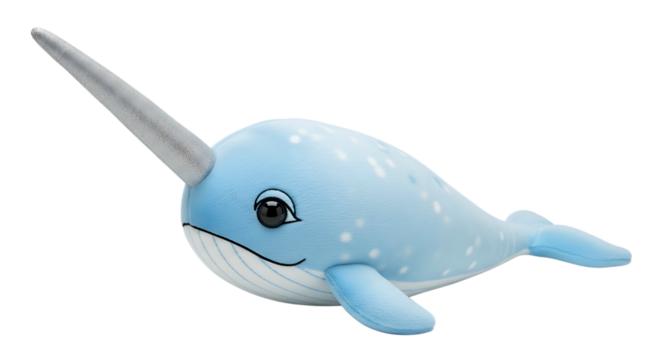 Cute Plush Narwhal Toy with Tusk Isolated on Transparent Background 