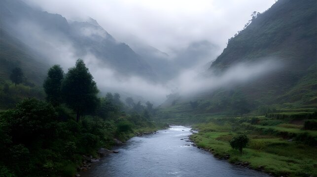 Misty mountain valley with a winding river and green terraces under an overcast sky