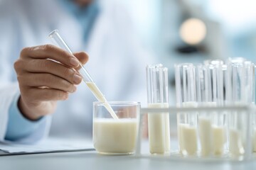 Close-up of a scientist in a lab coat analyzing a sample of milk with test tubes, conducting research and development for quality control and assurance testing.