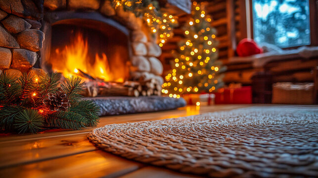 Interior of the living room with a focus on the burning fireplace and Christmas tree. On the floor in front of the fireplace lies a wicker rug. Atmosphere of a family holiday. - Powered by Adobe
