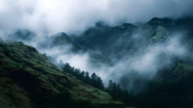 Misty green mountain slopes shrouded in fog under diffused afternoon light creating a dramatic natural landscape - Powered by Adobe