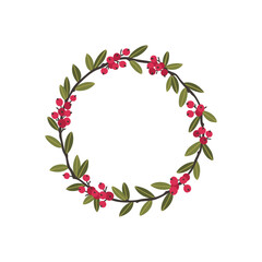 Hand drawn wreath with red berries and fir branches. Round frame for Christmas cards and winter design. Vector layout with copyspace.