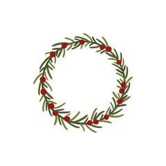 Hand drawn wreath with red berries and fir branches. Round frame for Christmas cards and winter design. Vector layout with copyspace.