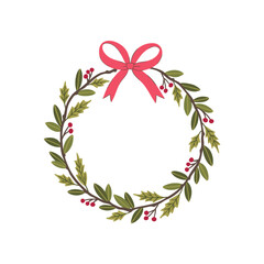 Classic Christmas wreath vector with rich green foliage, red holly berries, and a vibrant pink bow. Traditional, hand-drawn winter border perfect for rustic holiday branding, wedding invitations,