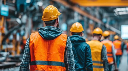Group of workers wearing vests and helmets walking in a factory. Safety in a manufacturing facility with people focused on their work. Team of workers heading towards their work stations.