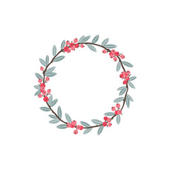 Hand drawn wreath with red berries and fir branches. Round frame for Christmas cards and winter design. Vector layout with copyspace.
