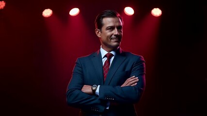 Confident businessman in elegant blue suit with red tie standing under dramatic red stage lights exuding leadership and professional success - Powered by Adobe