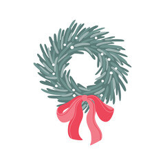 Minimalist Christmas pine wreath vector with snowy blue-grey needles and a flowing pink-red bow. Stylized, hand-drawn winter holiday illustration perfect for seasonal branding, postcards, and design.
