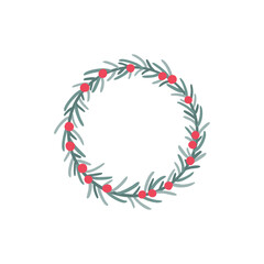 Hand drawn wreath with red berries and fir branches. Round frame for Christmas cards and winter design. Vector layout with copyspace.