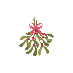 Classic Christmas mistletoe vector with traditional green leaves and bright red berries, tied with a decorative pink bow. Hand-drawn holiday design element perfect for seasonal kissing decor, accents