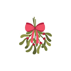 Classic Christmas mistletoe vector with traditional green leaves and bright red berries, tied with a decorative pink bow. Hand-drawn holiday design element perfect for seasonal kissing decor, accents