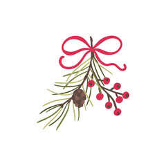 Traditional Christmas evergreen branch vector with pine needles, and red berries, tied with a classic red bow. Hand-drawn isolated element for holiday decor, borders, and festive designs. Winter flora