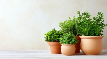 Fototapeta premium Lush Green Potted Plants on Wooden Surface with Soft Background for Home Decor and Gardening Inspiration