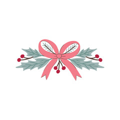 Elegant Christmas wreath vector with cool-toned leaves and white snowberries, tied with a long pink ribbon. Minimalist, hand-drawn seasonal frame for stylish cards, decor, and unique winter design.