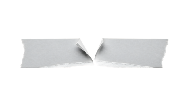 Two pieces of torn white paper tape isolated on transparent background, studio