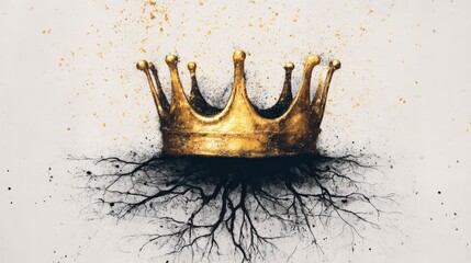A striking illustration of a golden crown emerging from black roots, symbolizing power, connection, and growth against a minimalist background.