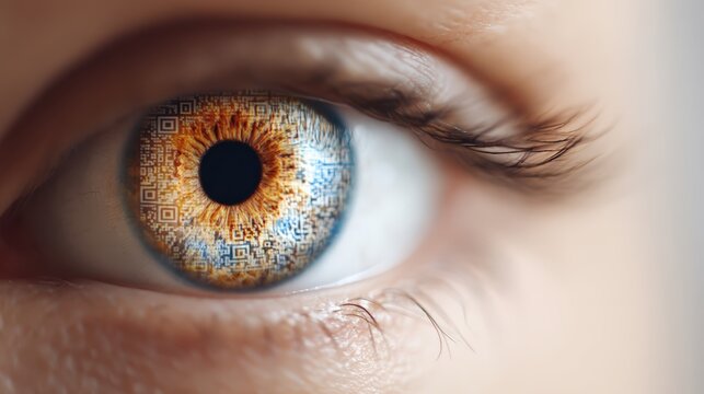 A close-up of an eye featuring an intricate pattern resembling a QR code in the iris, symbolizing the fusion of technology and human biology.