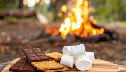 s’mores ingredients including chocolate bars, graham crackers, and marshmallows
