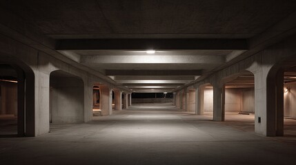 A minimalist concrete parking structure with arched pillars and overhead lighting. The space evokes a sense of calm, showcasing the beauty of architectural simplicity.