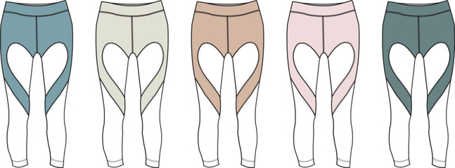 Collection of activewear leggings featuring unique heart-shaped thigh cutouts in various colors, presented as technical fashion flats for garment design and athletic apparel concepts