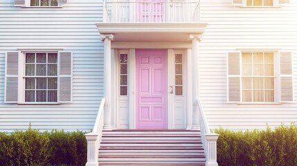 welcome. Family home exterior with welcoming entrance and architectural details. real-estate listings, architecture portfolios, designed for architectural facade and classical detail presentations.