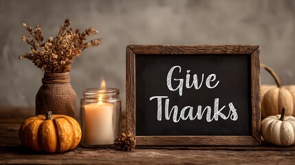 Small chalkboard sign reading "Give Thanks" beside a lit candle, decorative pumpkins, and dried flowers, creating a warm and inviting autumn ambiance for seasonal celebrations