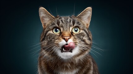 A tabby cat, its green eyes wide with delight, licks its nose in anticipation. Its fur is a mix of brown and grey, and its whiskers stand out against a dark background.