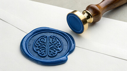Blue wax seal in AI sign on white mail represents a concept of technology and agreement