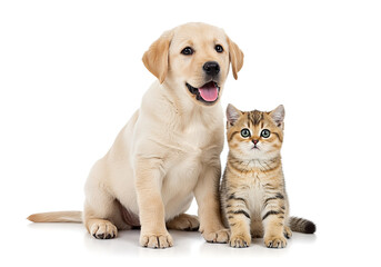 Adorable puppy and kitten posing together against a bright white backdrop, showcasing their friendship and togetherness for a portrait.