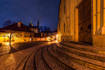 The Prague castle area in UNESCO world heritage site city Prague in night.