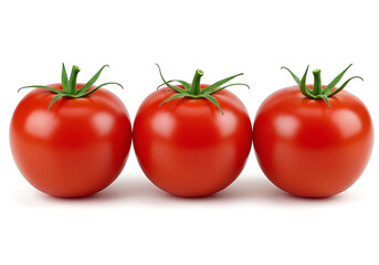 A vivid still life featuring three fresh, vibrant red tomatoes isolated on a clean white background, showcasing their natural round shape.