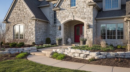 welcome. Family home exterior with welcoming entrance and architectural details. real-estate listings, architecture portfolios, designed for architectural facade and classical detail presentations.